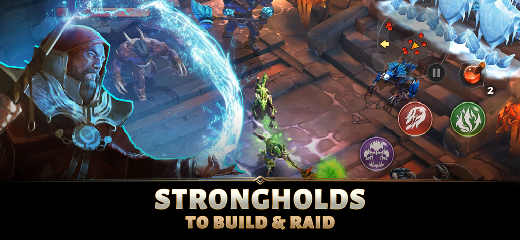 Action RPG gameplay of Dungeon Hunter 5 showing a character casting a magical shield while defending a stronghold from monsters