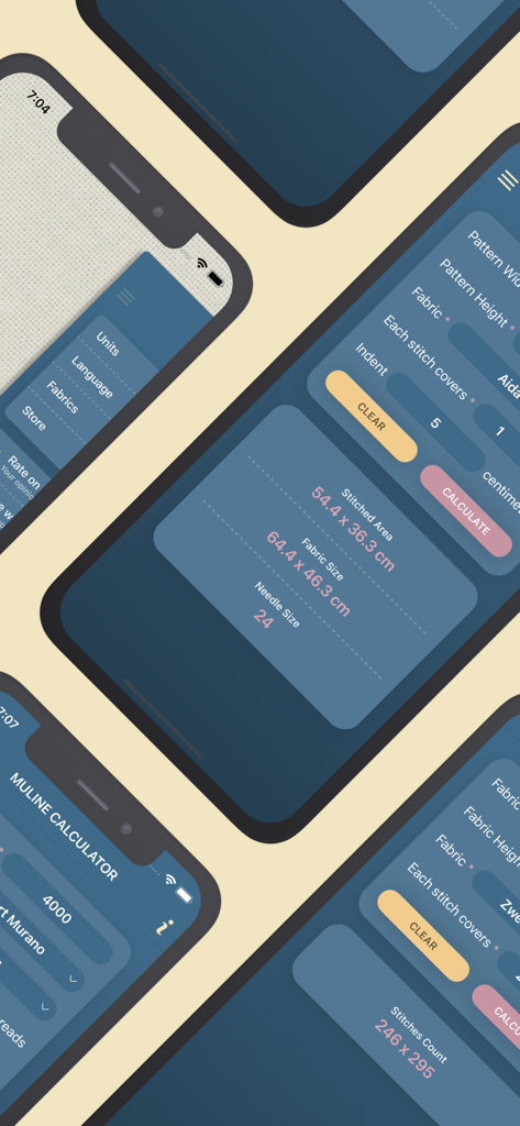 Múltiplas telas de celular mostrando o aplicativo Calculadoras de Ponto Cruz com recursos para tamanho de tecido, consumo de linha e planejamento de contagem de pontos.