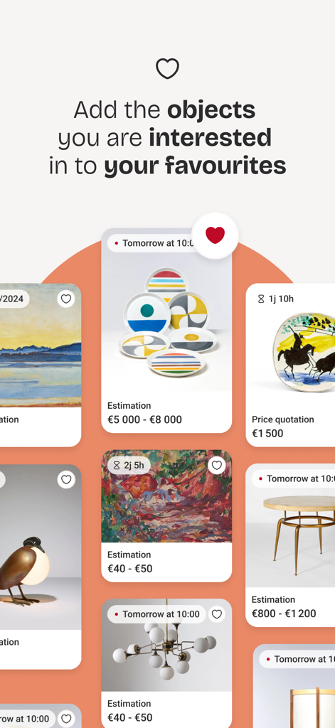 Interface of the Interencheres app displaying a selection of auction items like art and furniture with heart icons to save favorites