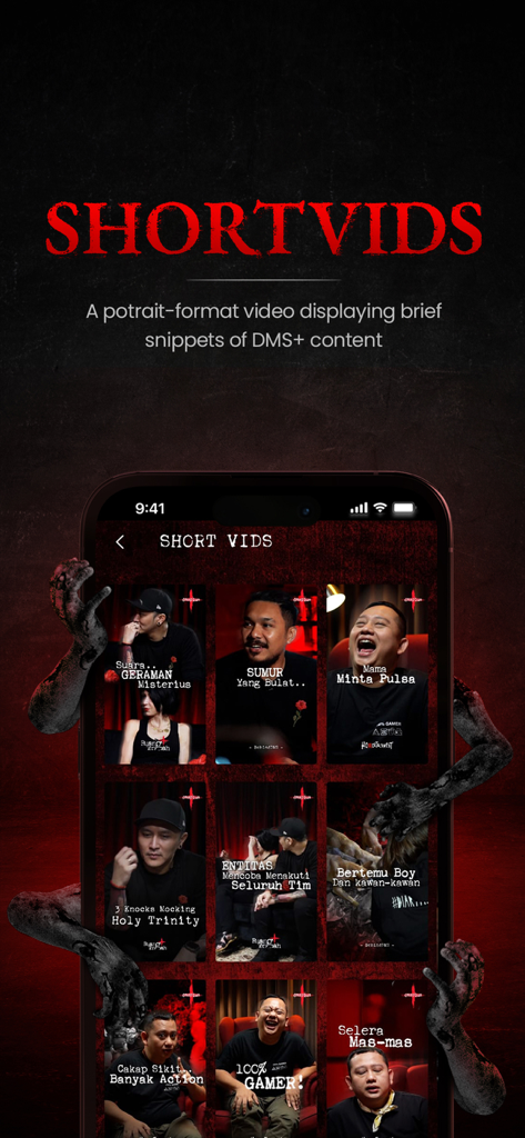 DMS Plus - DMS Plus app screen showing short horror video snippets and thumbnails.