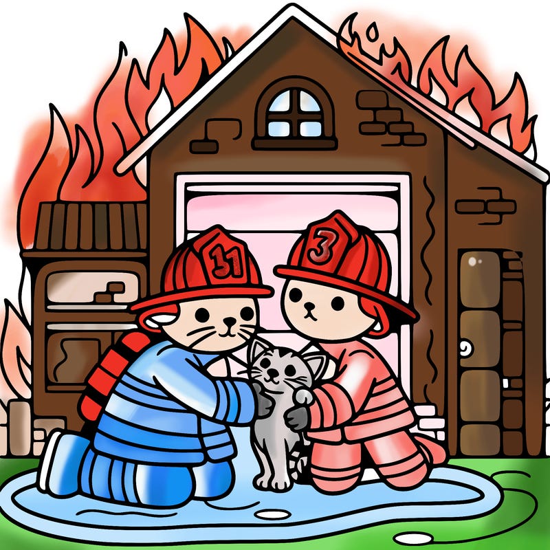 firefighters save a cat from a burning building