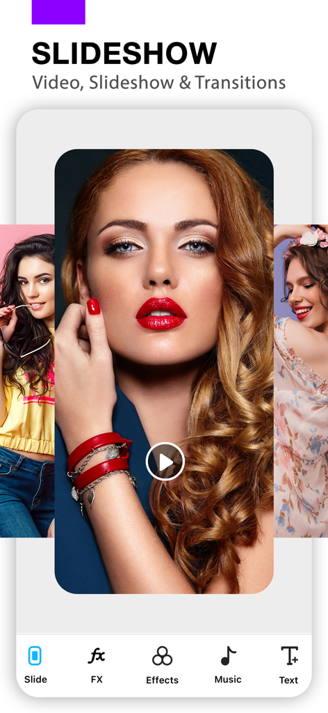 Photo Video Maker With Music - Una interfaz de aplicación móvil que muestra un creador de presentaciones con opciones de música, transiciones, efectos y texto.