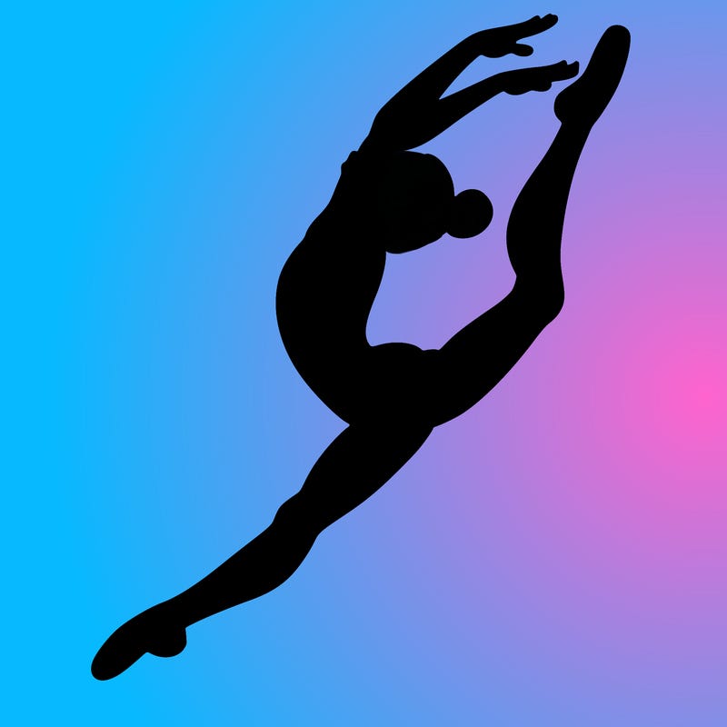 gymnast doing a leap in a leotard with a bent back leg