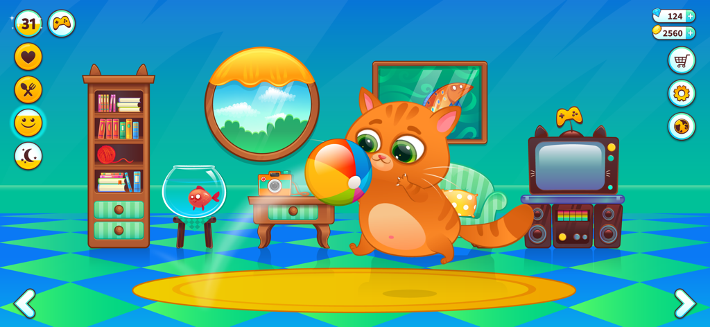 Bubbu the orange cat playing with a beach ball in a colorful virtual living room