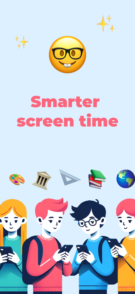 A group of children using smartphones below educational icons and the text Smarter screen time
