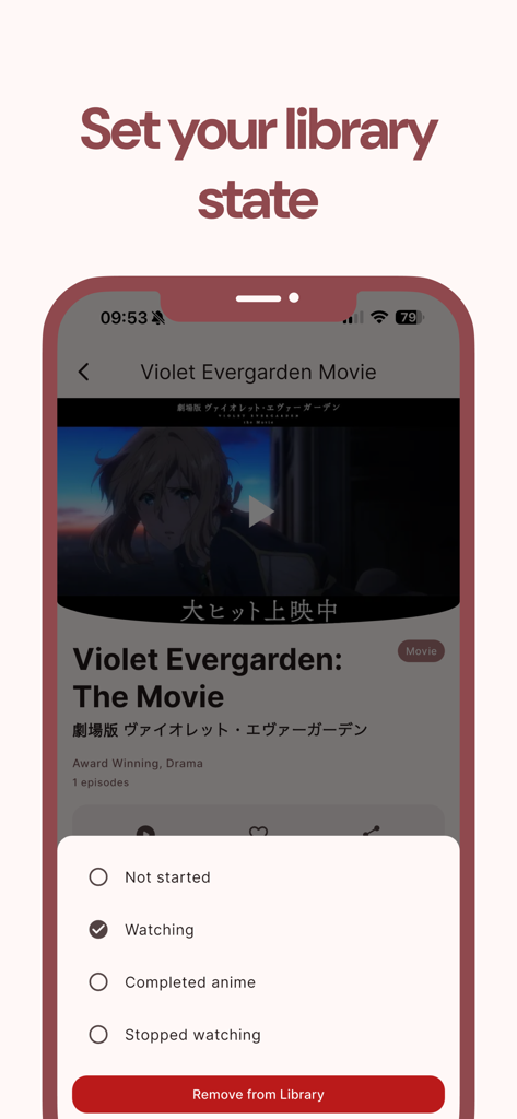 Otaku - Anime & Manga - Interfaz de la aplicación Otaku para establecer el estado de visualización de la biblioteca de anime