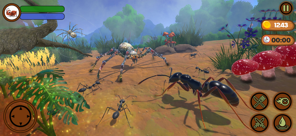 Ant Insect Life Survival War - 3D-Gameplay von Ant Survival mit einer schwarzen Ameise, die einer großen Spinne in der Natur gegenübersteht.