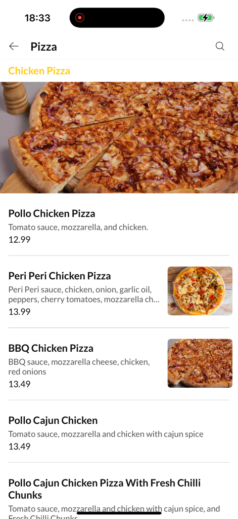 Hungry Tigers - Hungry Tigers Mobile App-Bildschirm mit Hähnchenpizza-Menüpunkten und Preisen