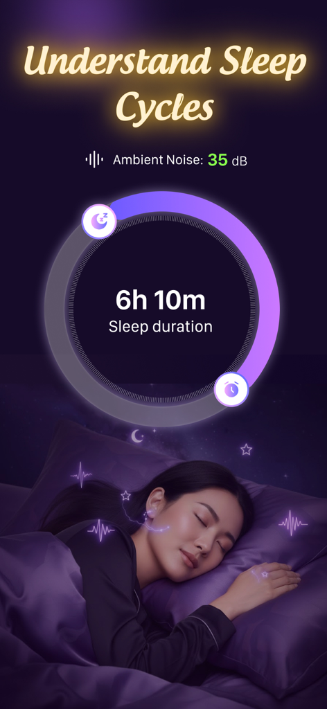 Sleep Log – Snore Record - Mobile app screen showing sleep duration tracking and ambient noise levels for a sleeping person