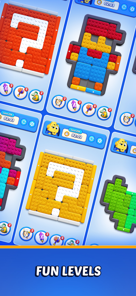 Color Block: Jam Puzzle 3D - Eine Sammlung von 3D-Block-Puzzle-Levels in Color Block Jam Puzzle, die verschiedene Formen und Farben zeigt