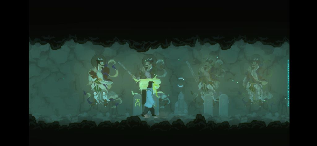 The Rewinder - El protagonista Yun caminando junto a un mural de figuras mitológicas en una cueva oscura con pixel art inspirado en la pintura a tinta