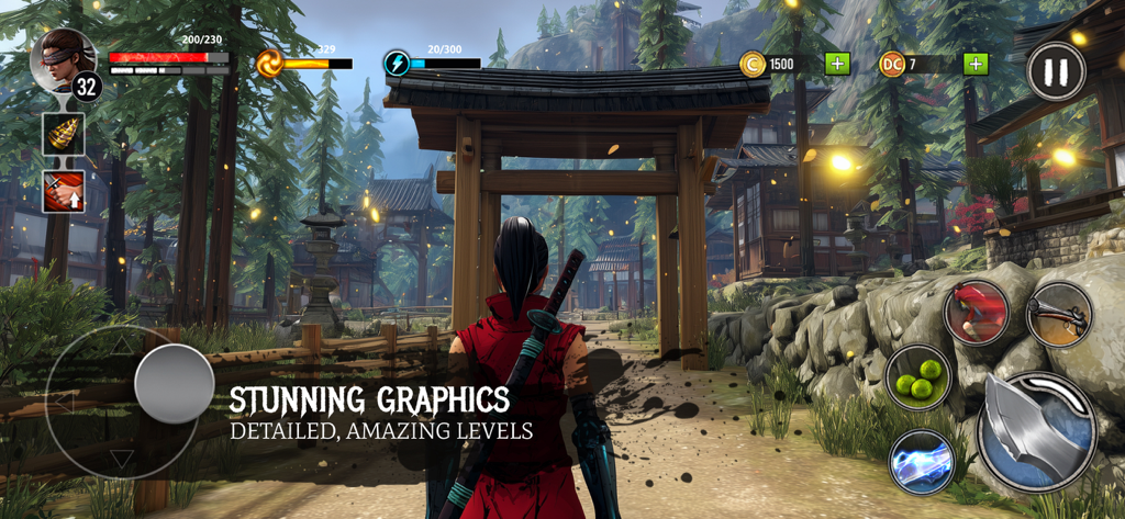 Captura de pantalla del juego Ryuko Legend of Shadow Hunter mostrando un personaje ninja en una detallada aldea japonesa con gráficos de alta calidad