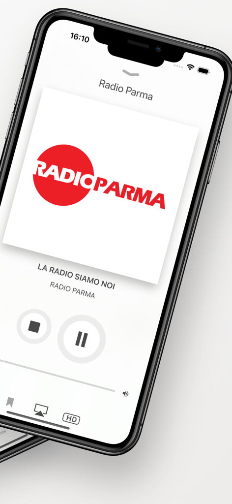 12 TV Parma - Interfaccia di streaming radio live di Radio Parma su uno schermo di smartphone
