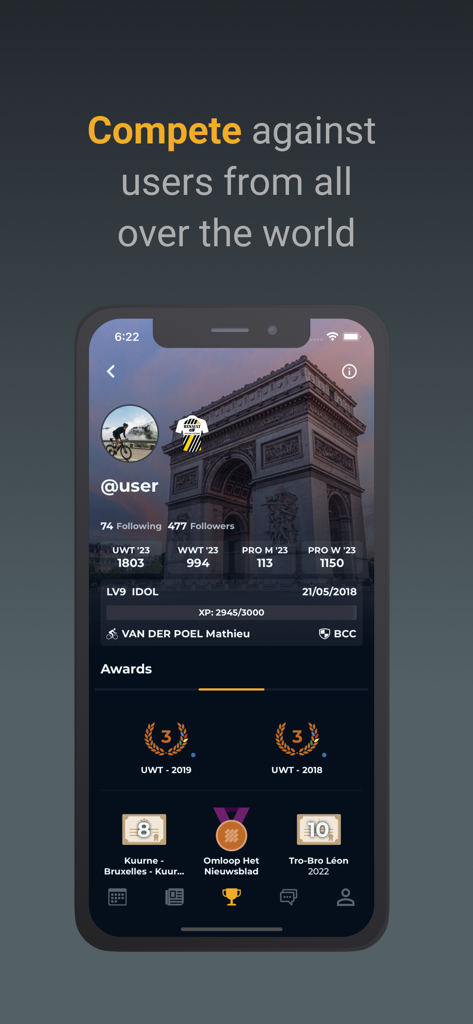 Cycling Fantasy - サイクリングファンタジーアプリのユーザープロフィールにグローバルランキングとアチーブメントアワードが表示されている。