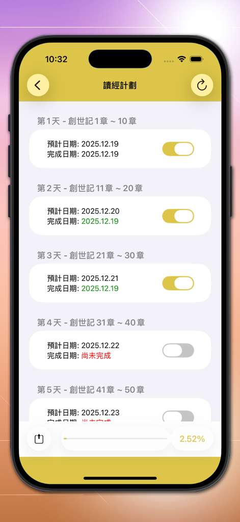 快速聖經 - 雙語繁中版 - A smartphone interface displaying a Bible reading plan with progress toggles and dates in Traditional Chinese.