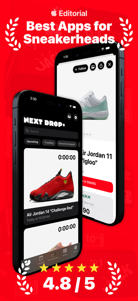 Next Drop – Sneaker Releases - Next Drop app interface on two iPhones showing upcoming sneaker releases and a 4.8 star rating