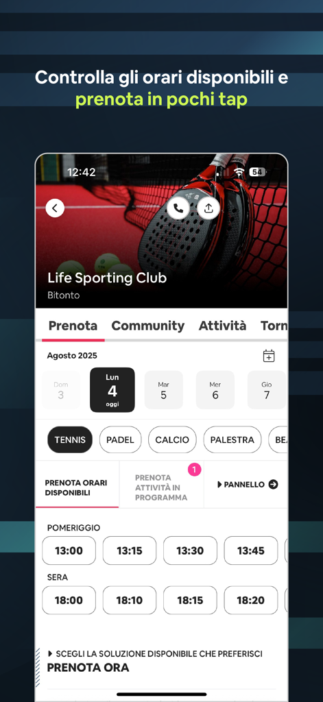 Arena ONE app screen showing court booking and available time slots for padel and tennis