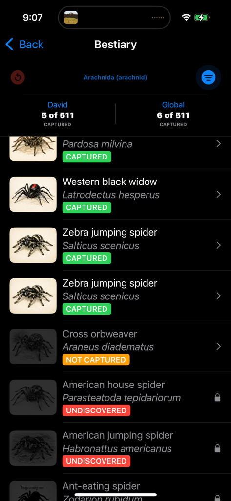 Spider League: Arena - Spider League Arena app bestiary screen showing a list of captured and undiscovered spider species like the western black widow