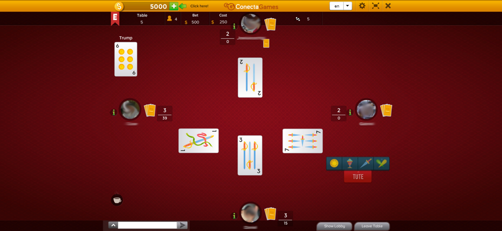 A four player online match of Tute Cabrero card game using the Spanish deck on a red digital table.
