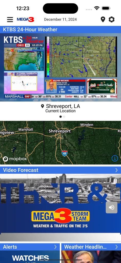 Storm Team 3 - Interfaz de la aplicación meteorológica Storm Team 3 que muestra el radar meteorológico y el pronóstico en video de Shreveport, Luisiana