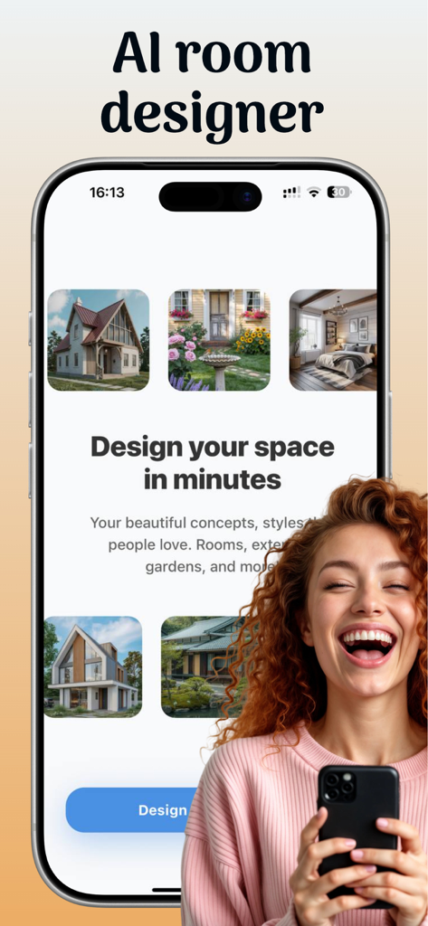AI Room Design: Space AI - Mujer sonriente sosteniendo un smartphone mostrando la aplicación AI Room Design Space AI para rediseños de hogar y jardín.