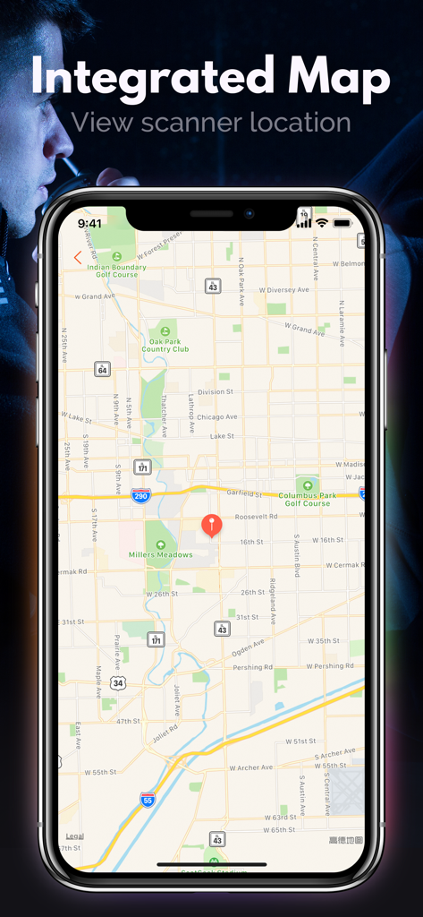 Police Scanner: Fire Radio - Un'interfaccia mobile che mostra una mappa integrata con un segnaposto rosso per tracciare le posizioni dello scanner live.