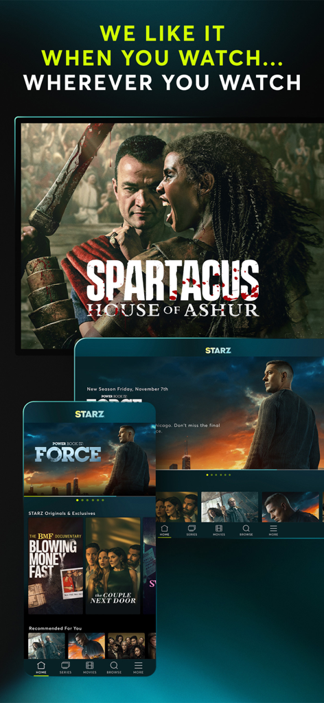 STARZ - The STARZ app interface shown across a television, tablet, and smartphone featuring original series like Spartacus House of Ashur and Power Book IV Force.