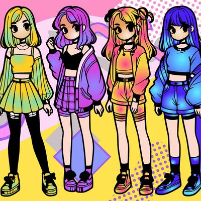 one girl with crop-top shirt and a jacket with a skirt, long socks and another girl with a shirt and pants with a jacket