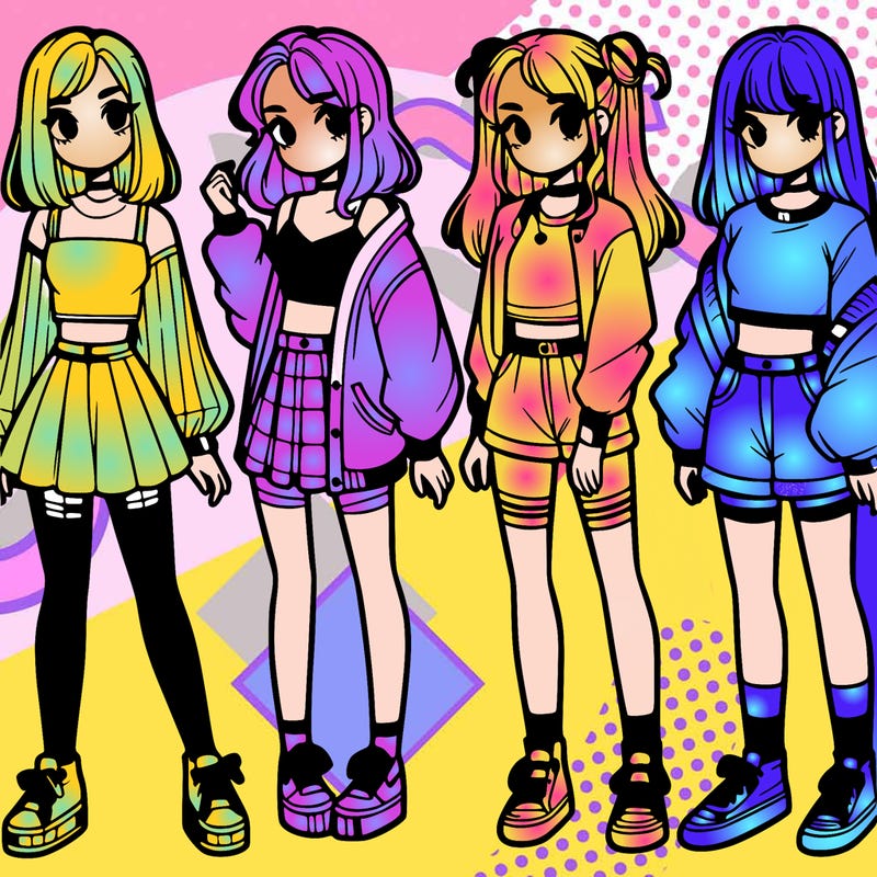 one girl with crop-top shirt and a jacket with a skirt, long socks and another girl with a shirt and pants with a jacket