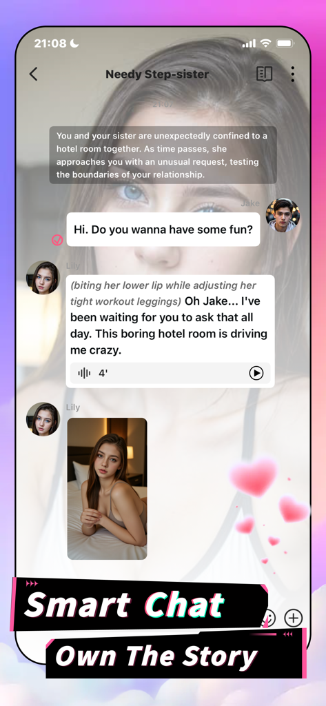 Plotto - AI Chat & Dating - A screenshot of the Plotto app showing a smart chat roleplay session with an AI character including dialogue and images