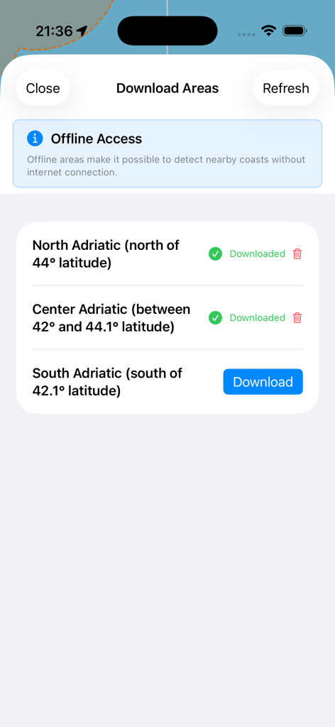 Tela de download de mapas offline no aplicativo Sailor Croácia mostrando opções de região do Adriático