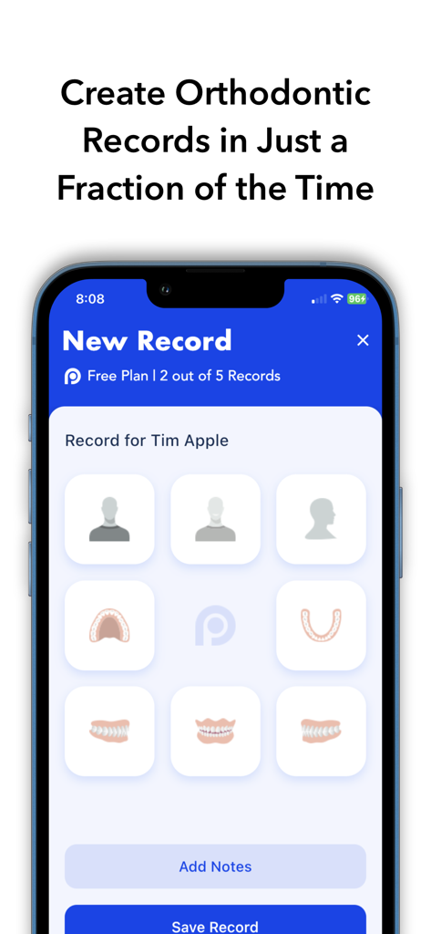 Ortho-Photo - Mobile screen showing the Ortho-Photo app interface for creating and organizing patient orthodontic records.