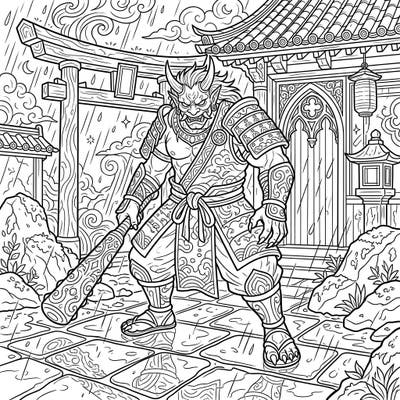 Encounter a powerful Oni in full Gothic regalia, braving an atmospheric rainy day in this captivating coloring page. Dive into a world of Japanese folklore and intricate details, perfect for a challenging artistic session.