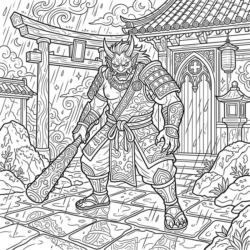 Encounter a powerful Oni in full Gothic regalia, braving an atmospheric rainy day in this captivating coloring page. Dive into a world of Japanese folklore and intricate details, perfect for a challenging artistic session.