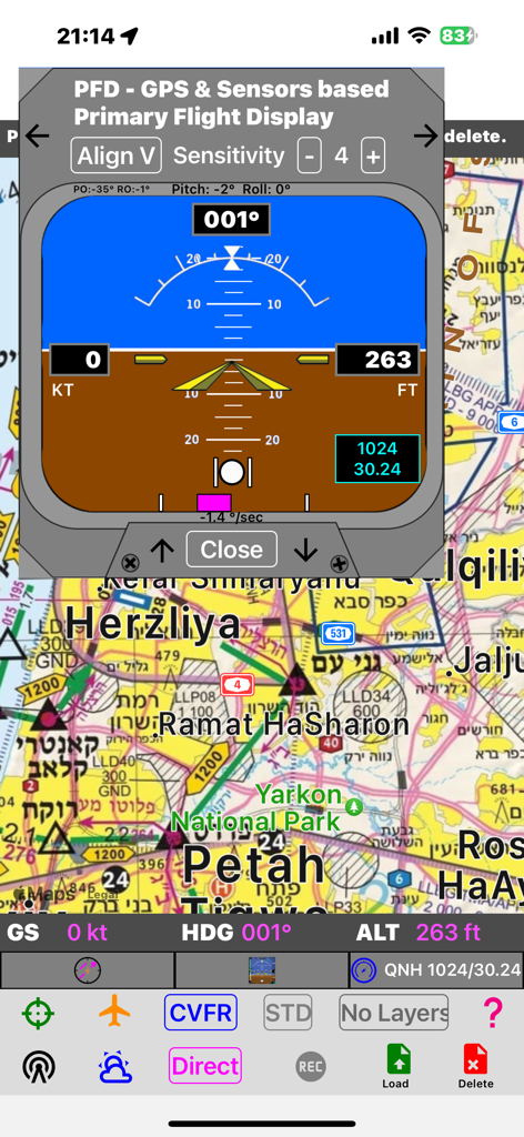 Air Map Israel - Air Map Israel app interface showing the Primary Flight Display overlay on a detailed aviation navigation map