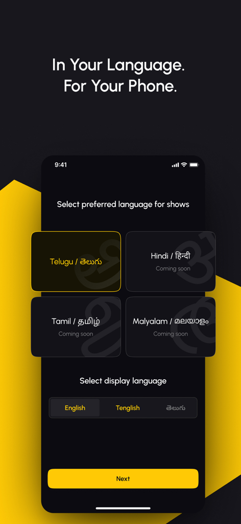 Chai Shots - Short Series OTT - A mobile interface for the Chai Shots app allowing users to select their preferred show and display languages including Telugu Hindi Tamil and Malayalam.