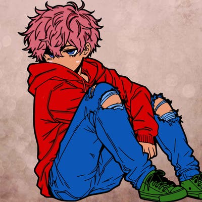 a male hoddie ripped jeans messy hair anime