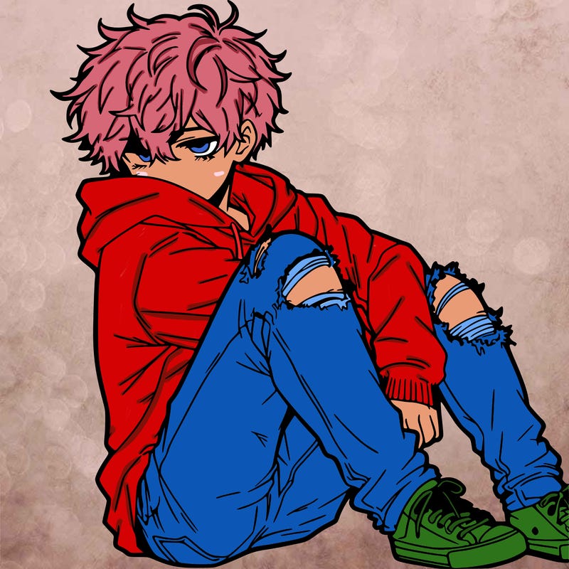 a male hoddie ripped jeans messy hair anime