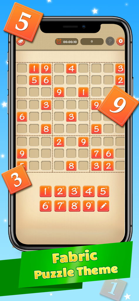 Sudoku IQ - Train your Brain - Sudoku IQ mobile game featuring a tactile fabric puzzle theme with stitched number tiles.