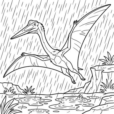Embark on a prehistoric journey with this captivating Quetzalcoatlus coloring page, set against a dramatic rainy day backdrop. Capture the essence of this magnificent flying reptile as rain streaks and puddles create an exciting scene ready for your artistic touch.