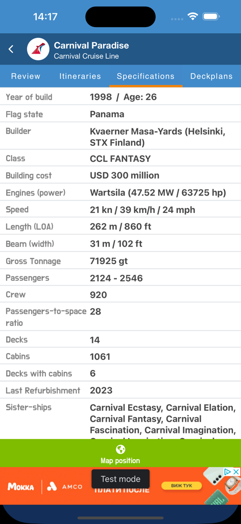 CruiseMapper - Technical specifications and details for the Carnival Paradise cruise ship