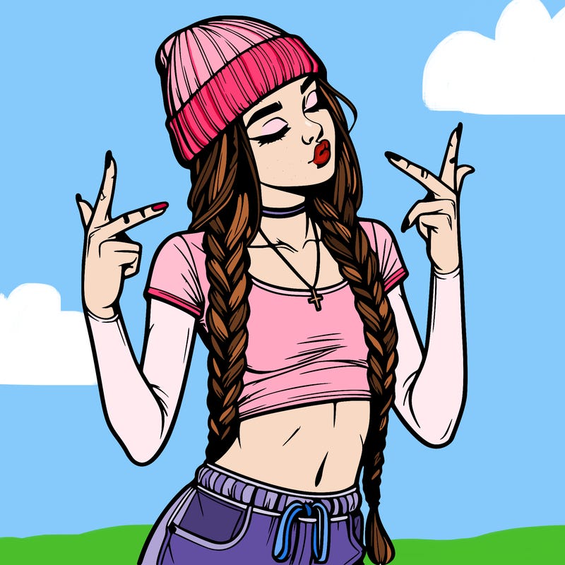 realistic teenage girl with braids and a beanie and crop top doing 🫶🏼