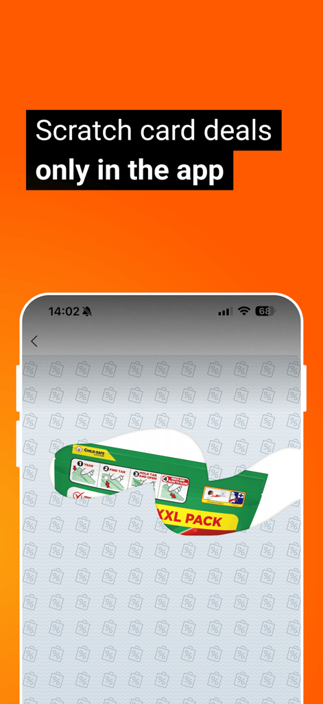 Interface da aplicação móvel Allegro mostrando um cartão para raspar interativo revelando promoções de compras exclusivas