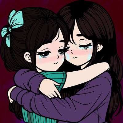 two girls hugging realistic