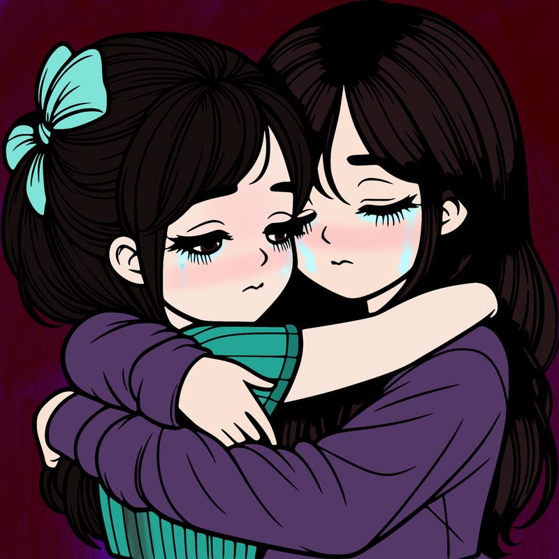 two girls hugging realistic