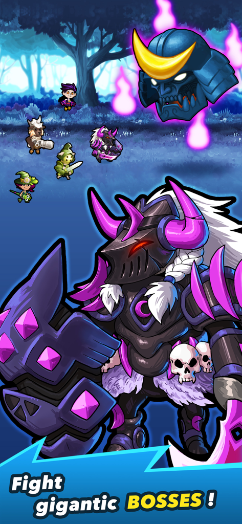 Eine Gruppe von Helden und ein riesiger gepanzerter Krieger, die einem schwebenden Samurai-Boss in Crush Them All gegenüberstehen