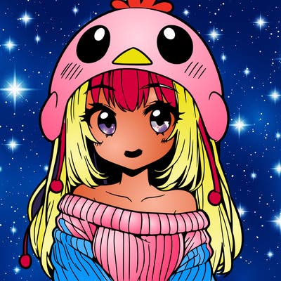 anime girl with chick shaped hat with sweater with bare shoulders with bangs covering them one eye with low tail