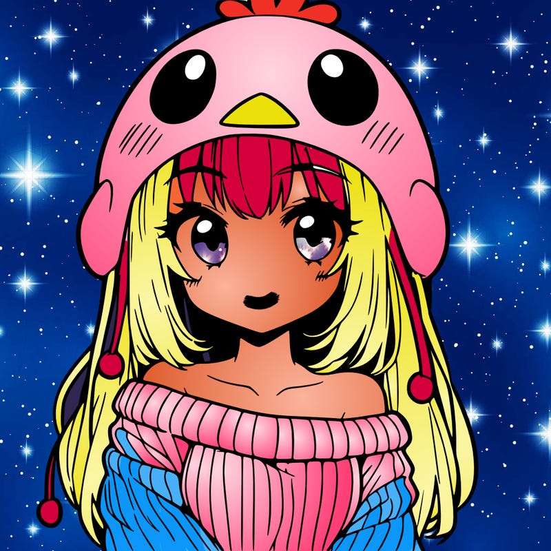anime girl with chick shaped hat with sweater with bare shoulders with bangs covering them one eye with low tail