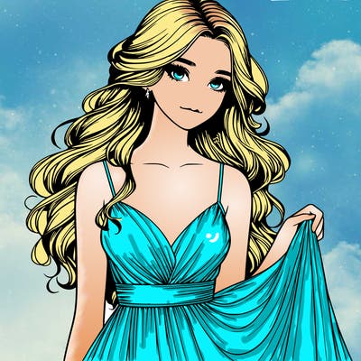 realistic girl in flowy silky prom dress