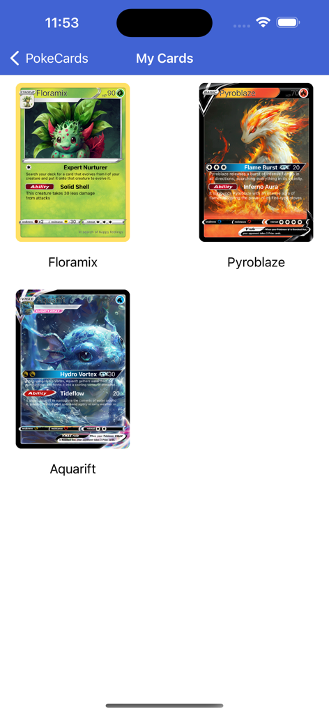 PokeCards TCG Card Maker Live - A gallery view of three custom trading cards named Floramix, Pyroblaze, and Aquarift in the My Cards section of the app.